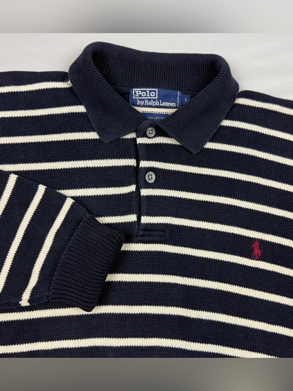 Vtg Polo Ralph Lauren Mens Collared Knit Sweater Large 80s 90s Striped Navy C2